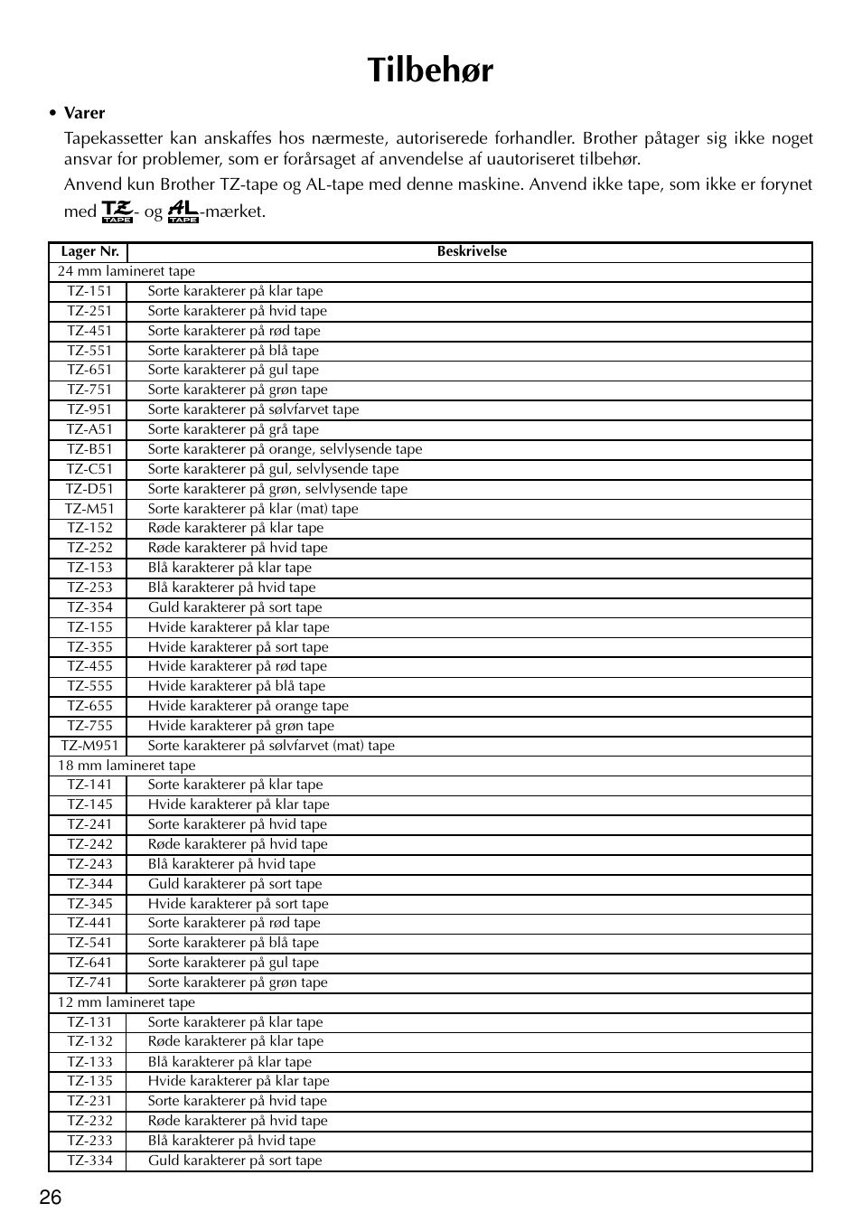 Tilbehør | Brother PT-2420PC User Manual | Page 274 / 280