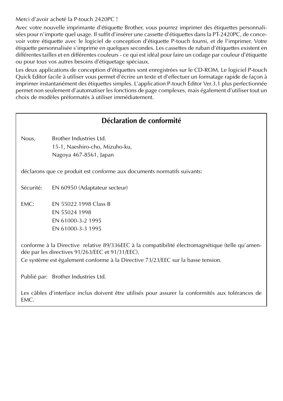Déclaration de conformité | Brother PT-2420PC User Manual | Page 34 / 280