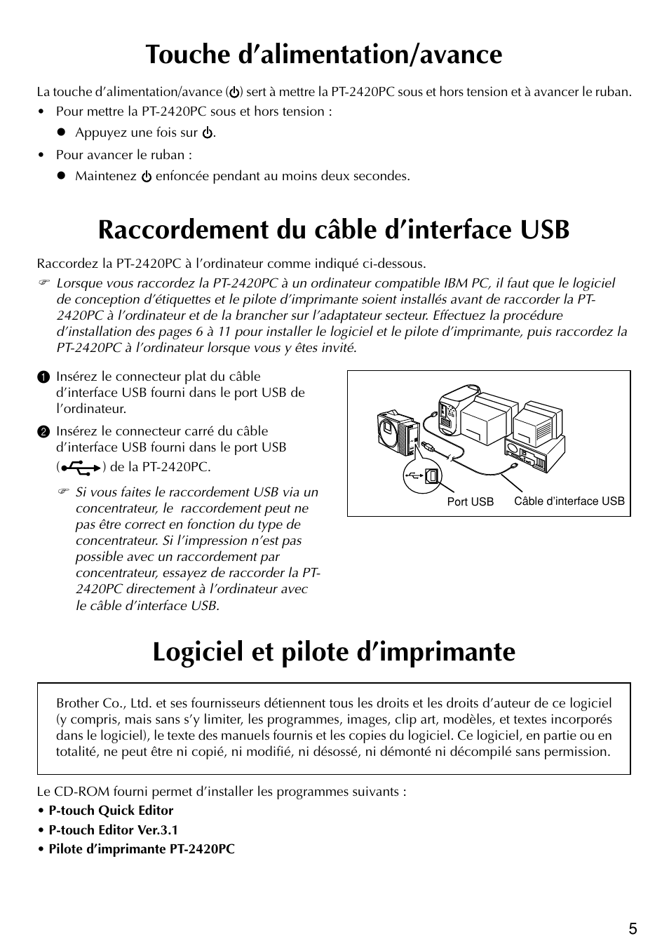 Touche d’alimentation/avance | Brother PT-2420PC User Manual | Page 39 / 280