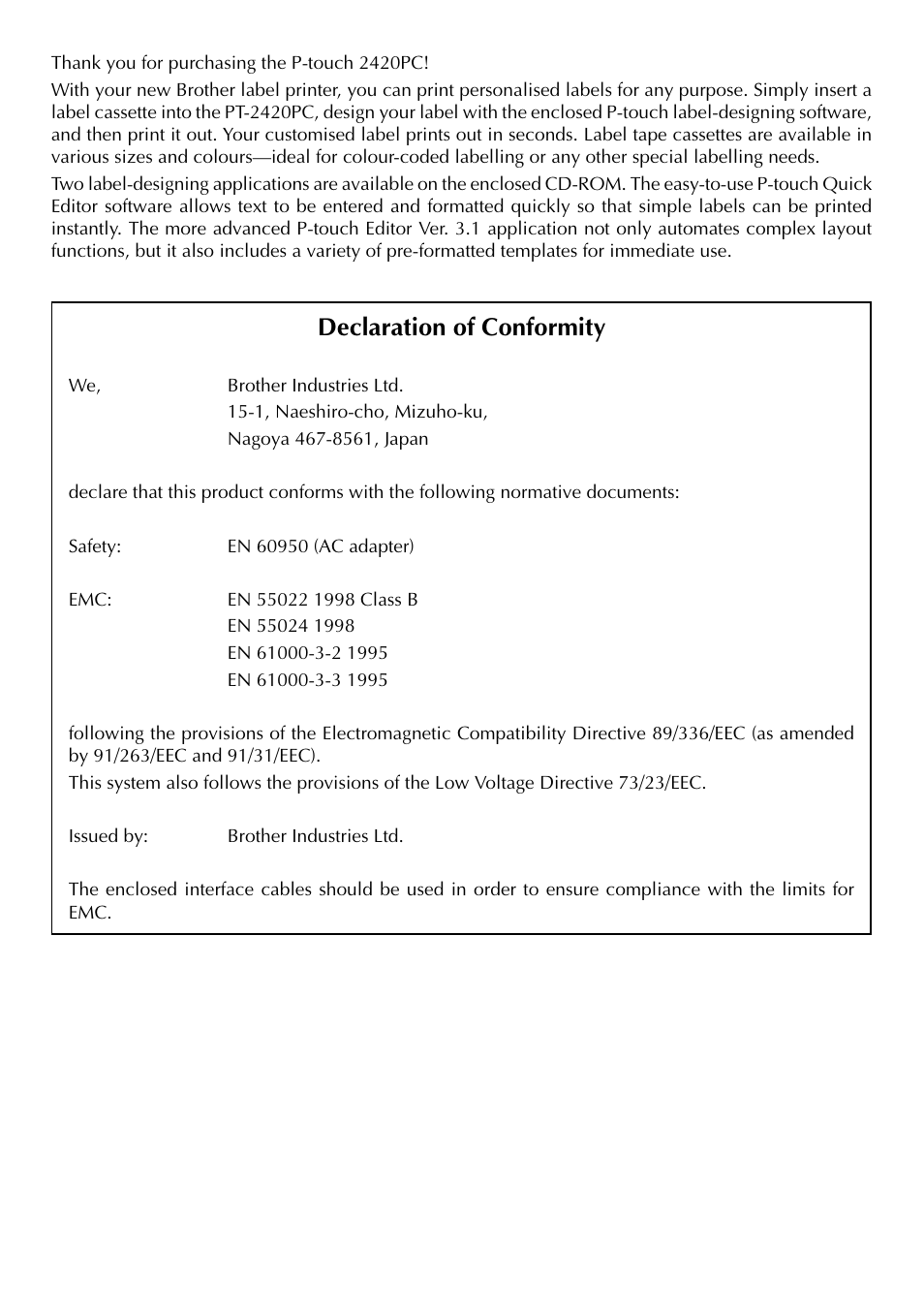 Declaration of conformity | Brother PT-2420PC User Manual | Page 4 / 280