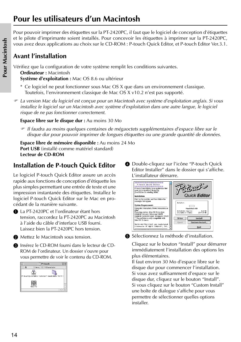 Pour les utilisateurs d’un macintosh, Installation de p-touch quick editor, Avant l’installation | Brother PT-2420PC User Manual | Page 48 / 280