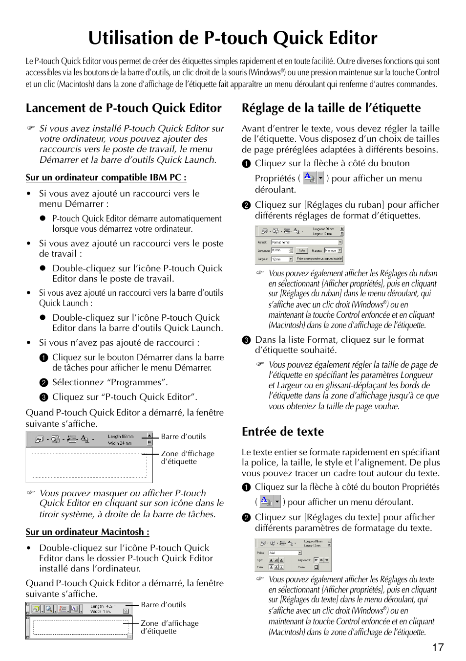Utilisation de p-touch quick editor, Lancement de p-touch quick editor, Réglage de la taille de l’étiquette | Entrée de texte | Brother PT-2420PC User Manual | Page 51 / 280