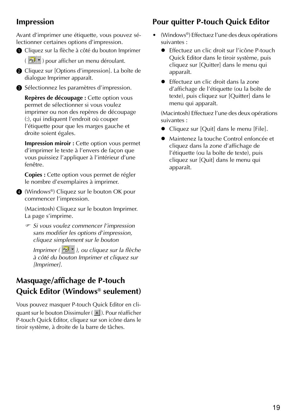 Impression, Seulement), Pour quitter p-touch quick editor | Brother PT-2420PC User Manual | Page 53 / 280