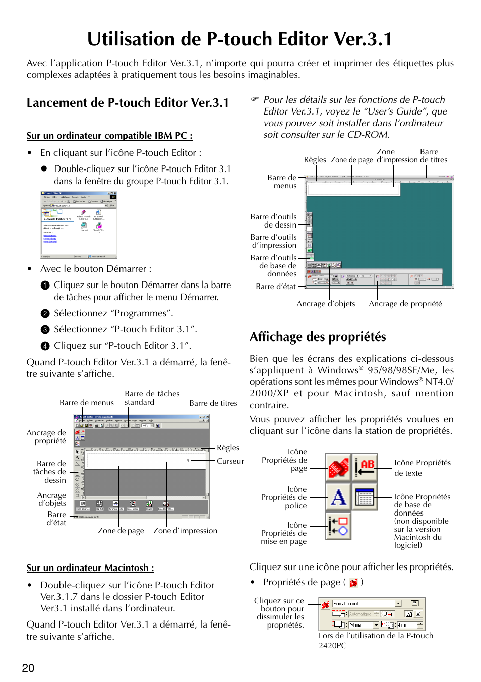 Utilisation de p-touch editor ver.3.1, Lancement de p-touch editor ver.3.1, Affichage des propriétés | Brother PT-2420PC User Manual | Page 54 / 280