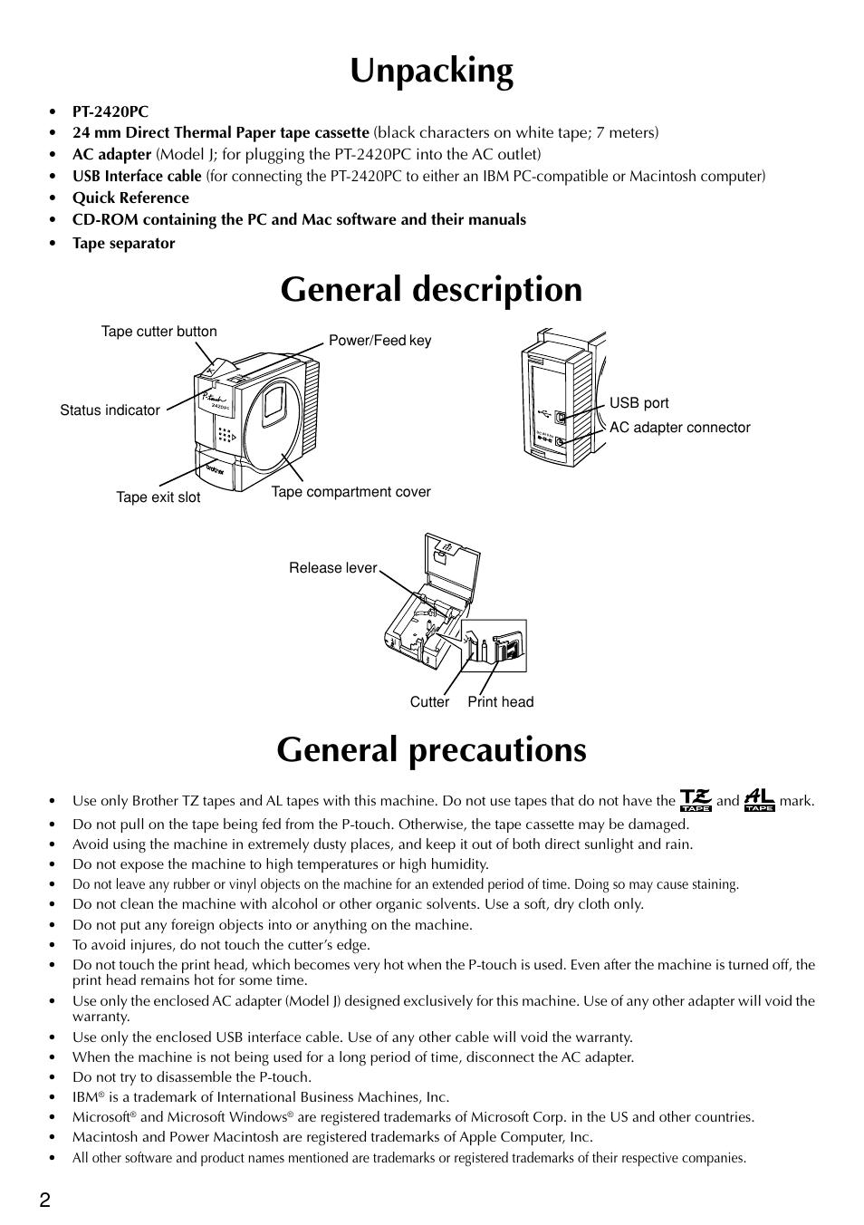 General description general precautions, Unpacking | Brother PT-2420PC User Manual | Page 6 / 280
