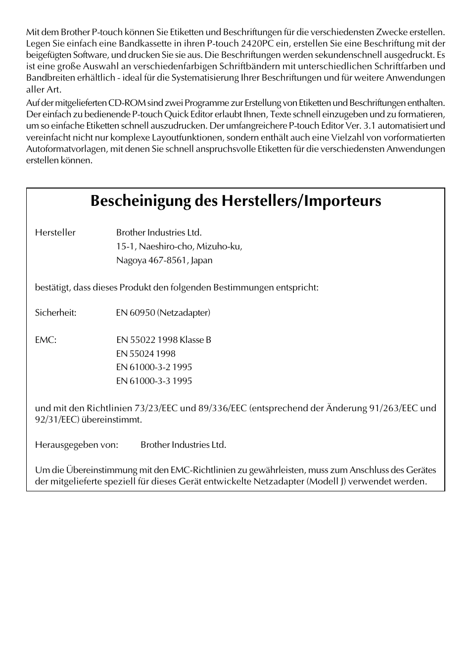 Bescheinigung des herstellers/importeurs | Brother PT-2420PC User Manual | Page 64 / 280