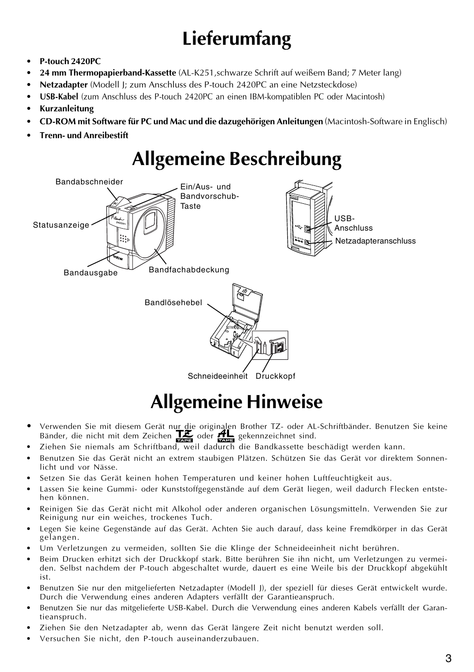 Allgemeine beschreibung allgemeine hinweise, Lieferumfang | Brother PT-2420PC User Manual | Page 67 / 280