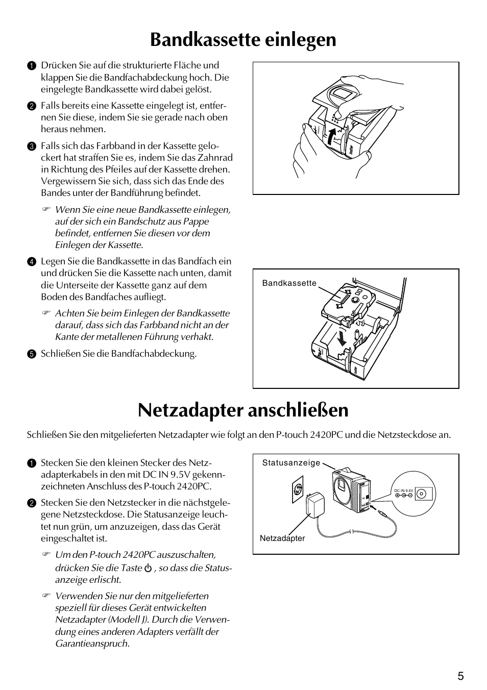 Bandkassette einlegen, Netzadapter anschließen | Brother PT-2420PC User Manual | Page 69 / 280