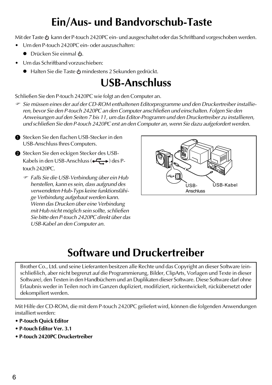 Ein/aus- und bandvorschub-taste, Software und druckertreiber, Usb-anschluss | Brother PT-2420PC User Manual | Page 70 / 280
