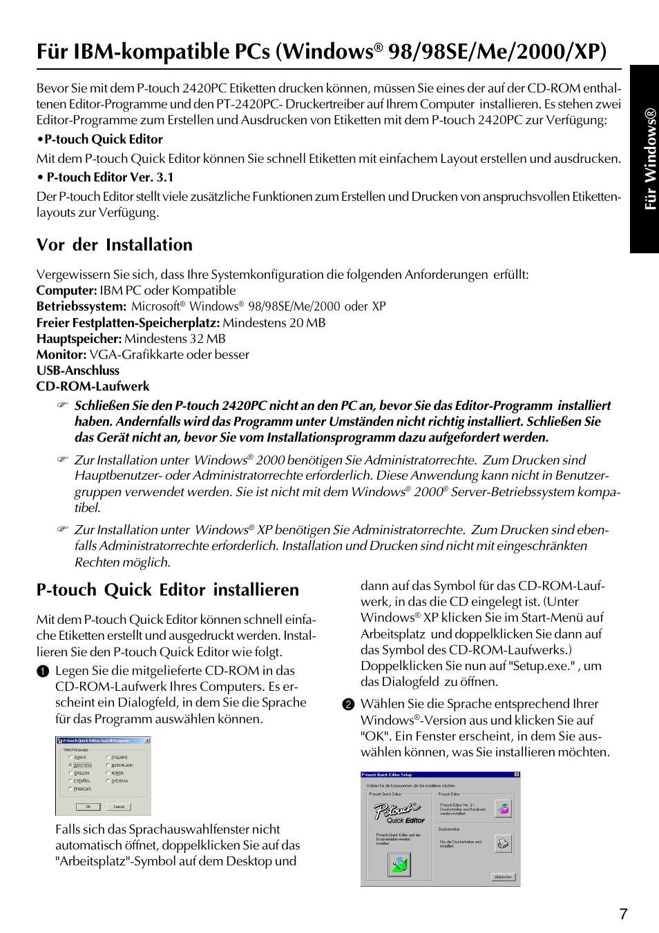 Für ibm-kompatible pcs (windows, Vor der installation, P-touch quick editor installieren | Für windows | Brother PT-2420PC User Manual | Page 71 / 280