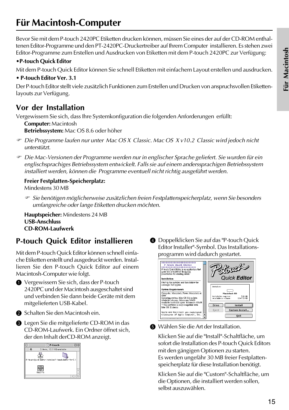 Für macintosh-computer, P-touch quick editor installieren, Vor der installation | Brother PT-2420PC User Manual | Page 79 / 280