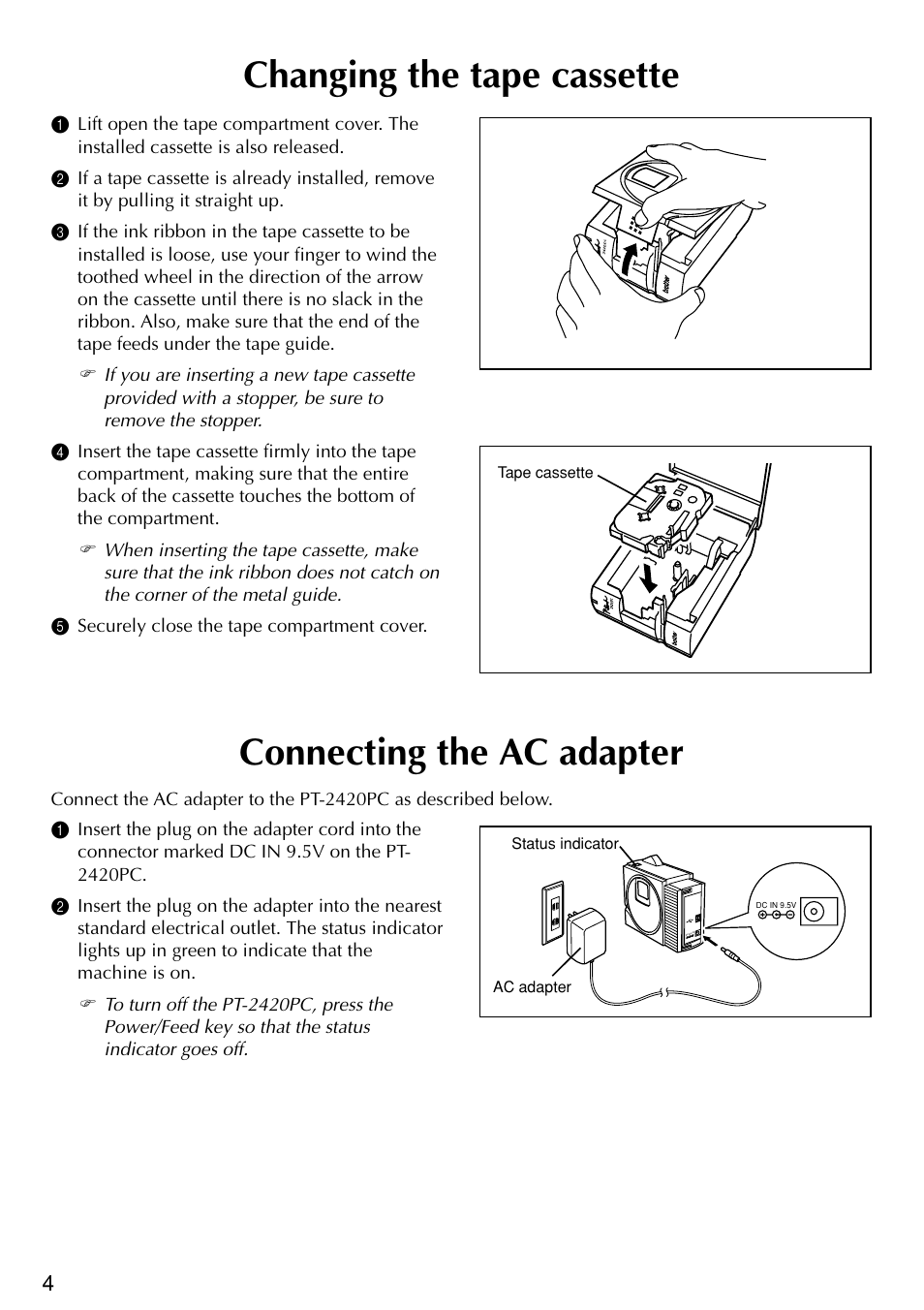 Changing the tape cassette, Connecting the ac adapter | Brother PT-2420PC User Manual | Page 8 / 280