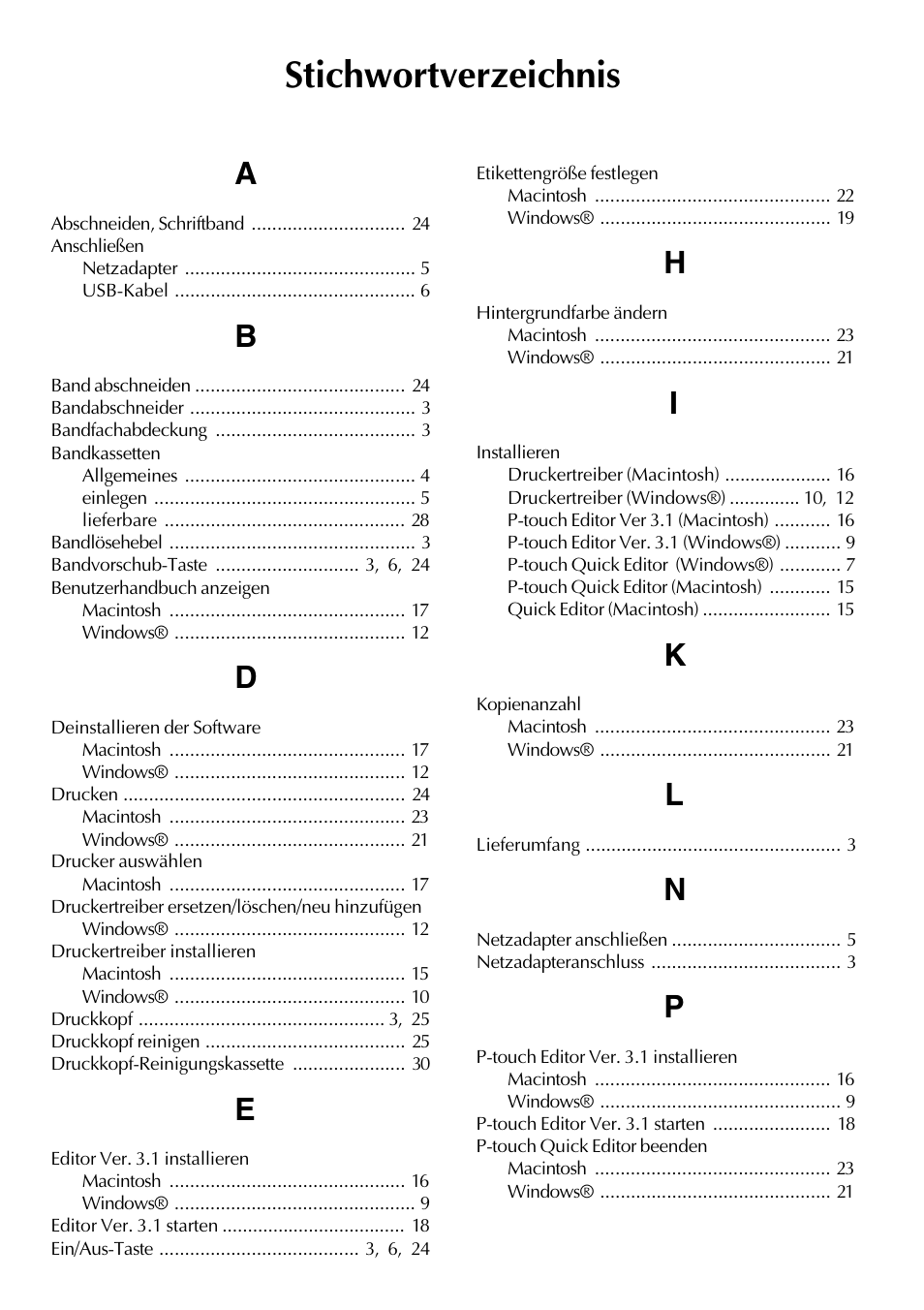 Stichwortverzeichnis | Brother PT-2420PC User Manual | Page 95 / 280