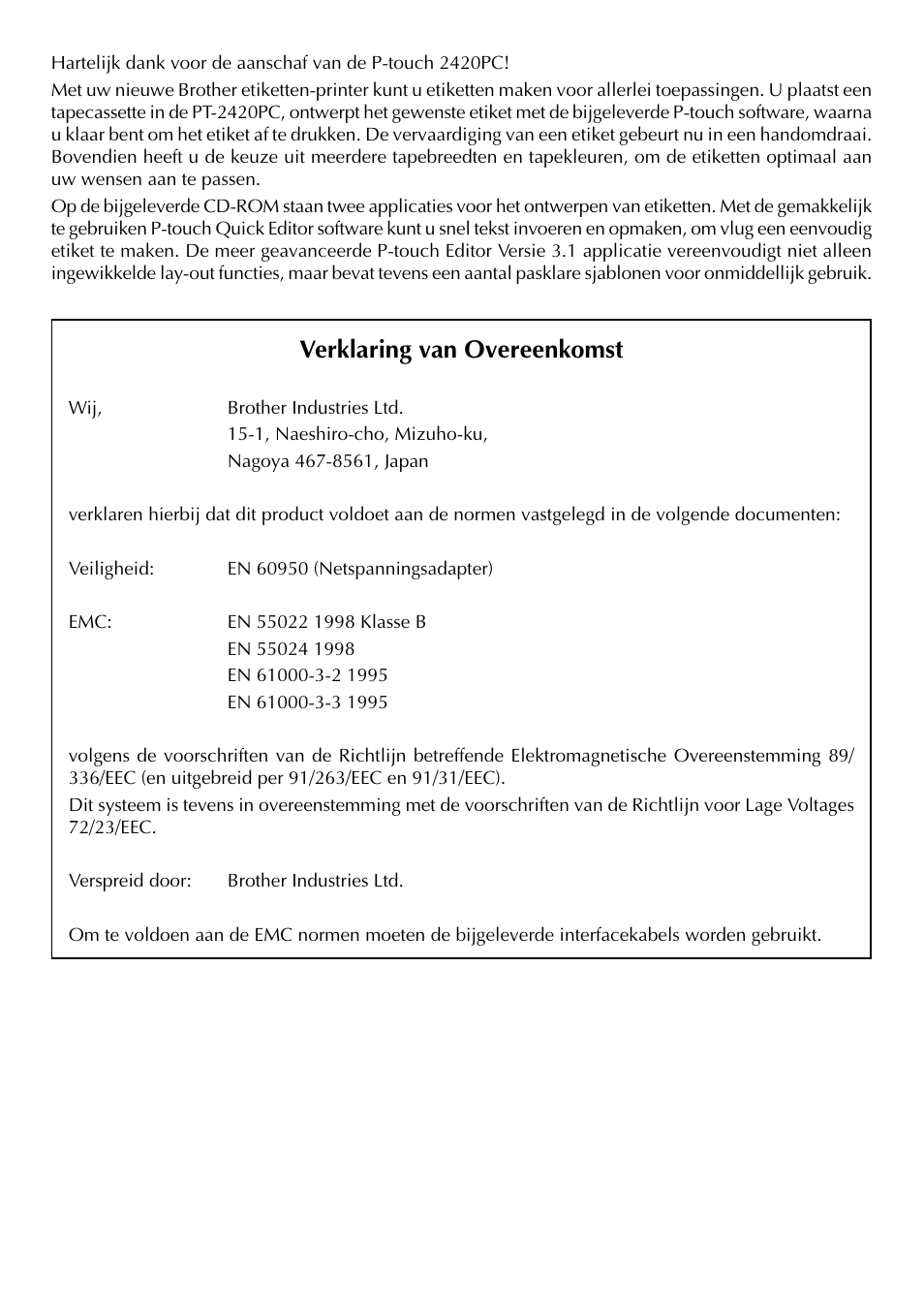 Verklaring van overeenkomst | Brother PT-2420PC User Manual | Page 98 / 280
