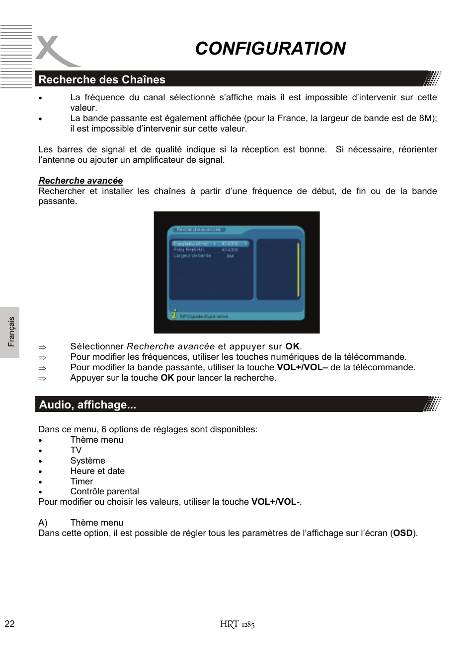 Configuration, Recherche des chaînes audio, affichage | Xoro HRT 1285 User Manual | Page 108 / 134