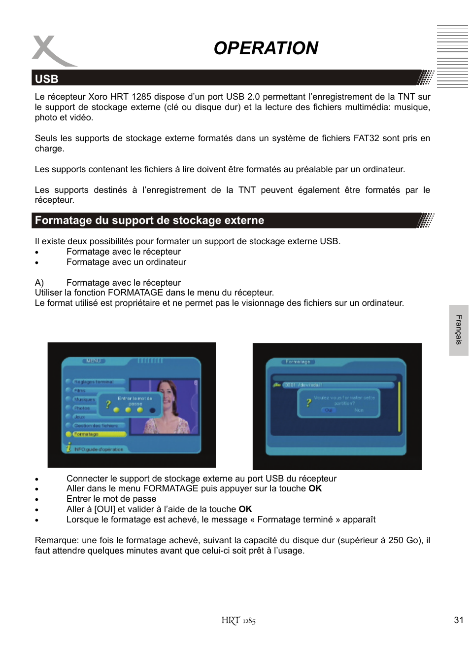 Operation, Usb formatage du support de stockage externe | Xoro HRT 1285 User Manual | Page 117 / 134