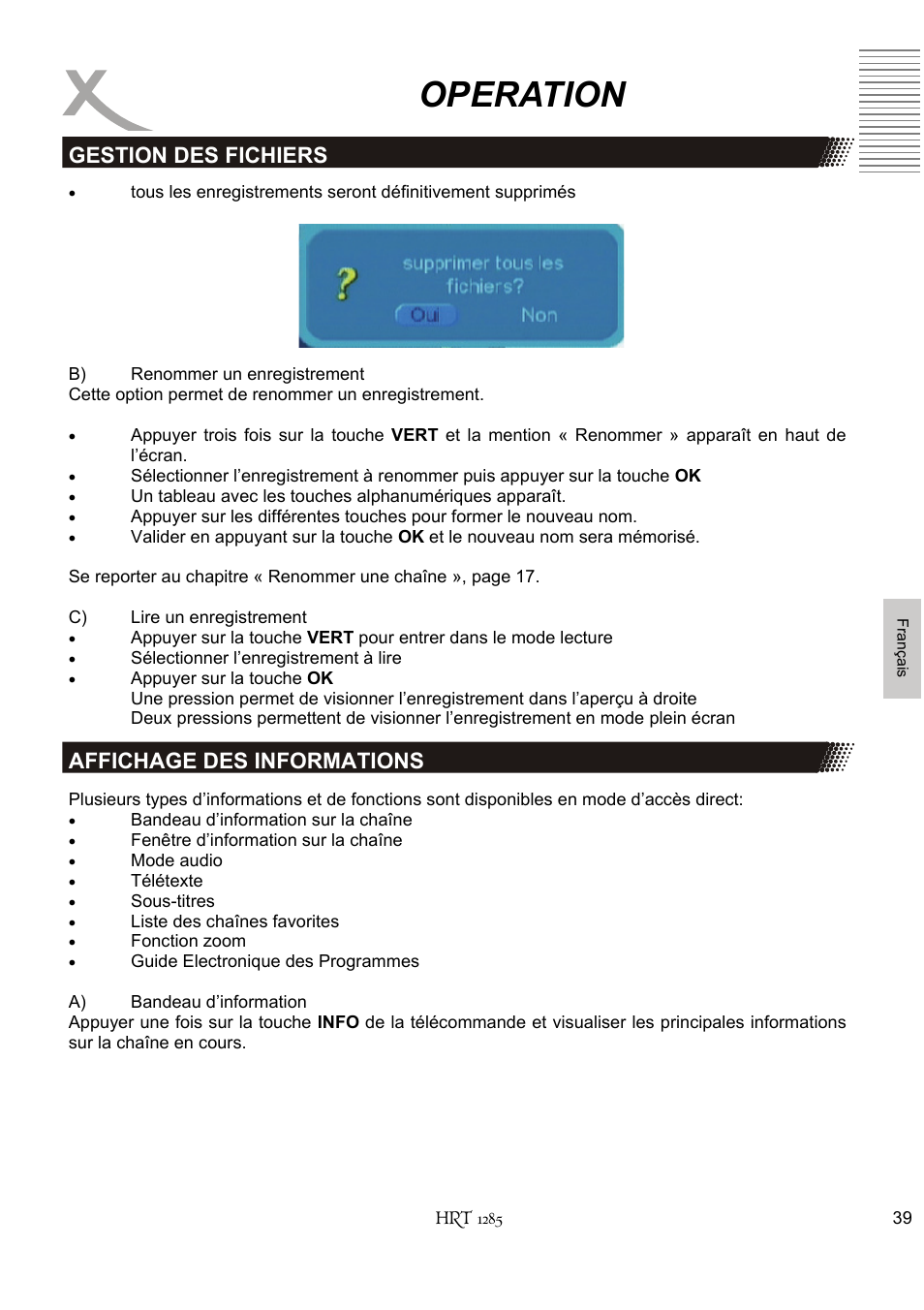 Operation, Gestion des fichiers affichage des informations | Xoro HRT 1285 User Manual | Page 125 / 134