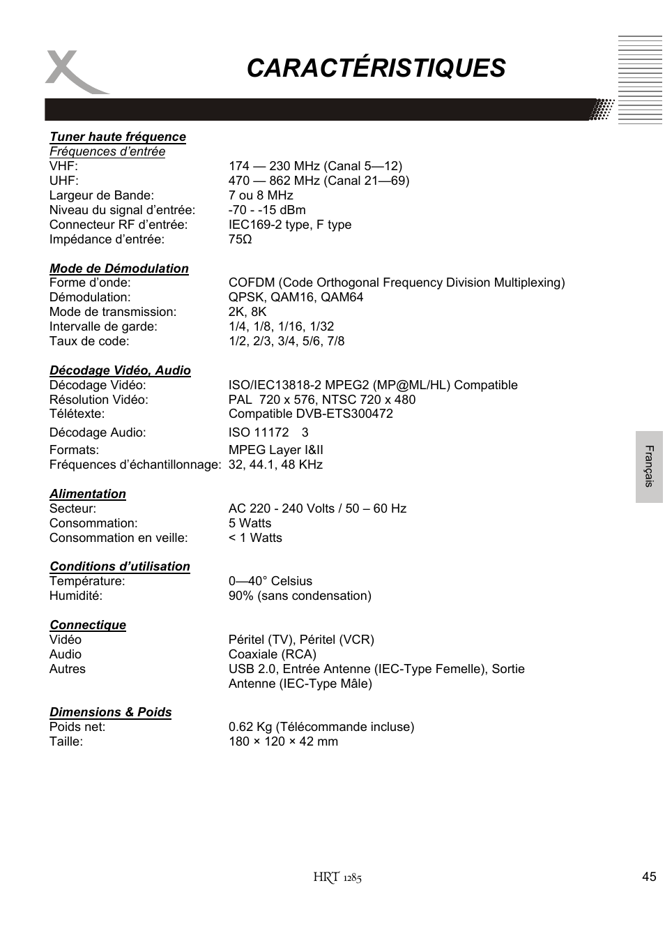 Caractéristiques | Xoro HRT 1285 User Manual | Page 131 / 134