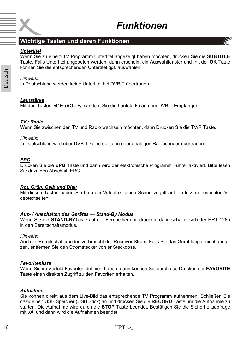Funktionen | Xoro HRT 1285 User Manual | Page 18 / 134