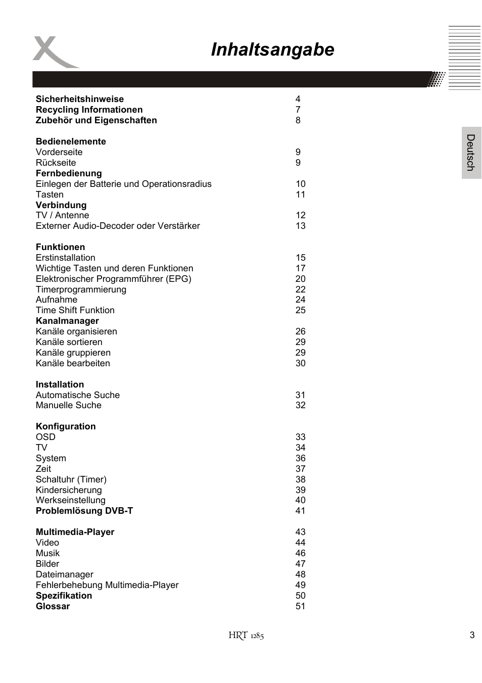 Inhaltsangabe | Xoro HRT 1285 User Manual | Page 3 / 134