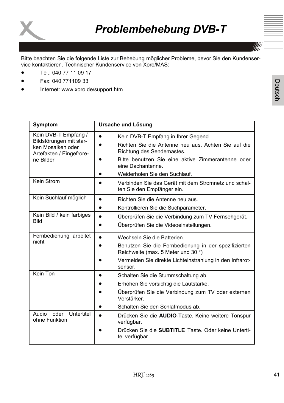 Problembehebung dvb-t | Xoro HRT 1285 User Manual | Page 41 / 134