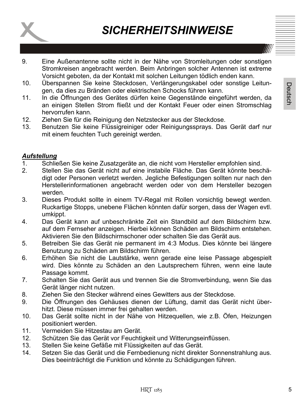 Sicherheitshinweise | Xoro HRT 1285 User Manual | Page 5 / 134