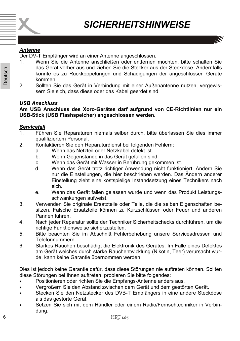 Sicherheitshinweise | Xoro HRT 1285 User Manual | Page 6 / 134