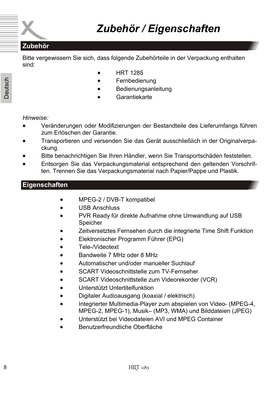 Zubehör / eigenschaften | Xoro HRT 1285 User Manual | Page 8 / 134