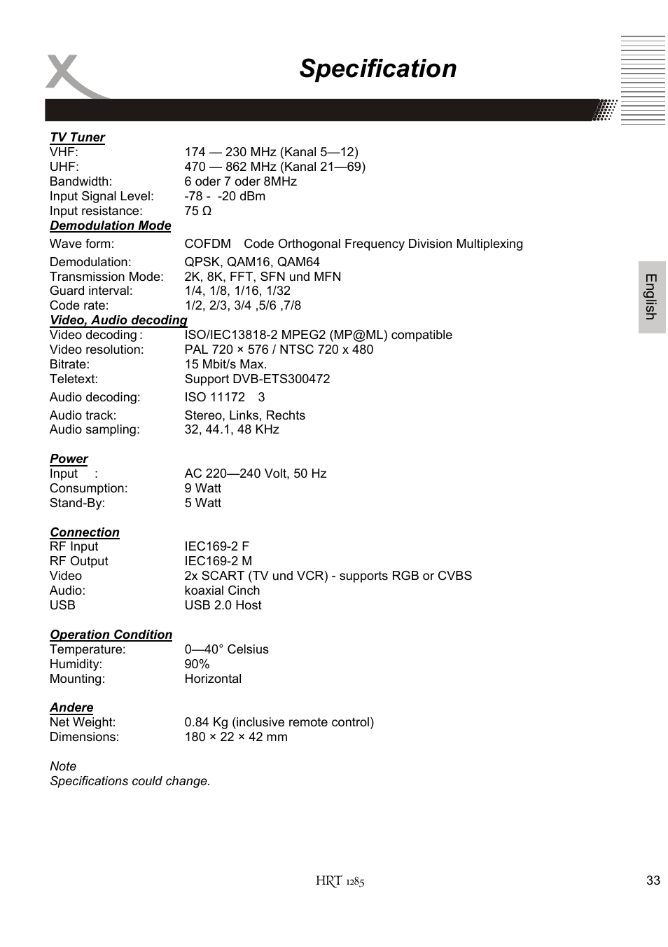 Specification | Xoro HRT 1285 User Manual | Page 85 / 134