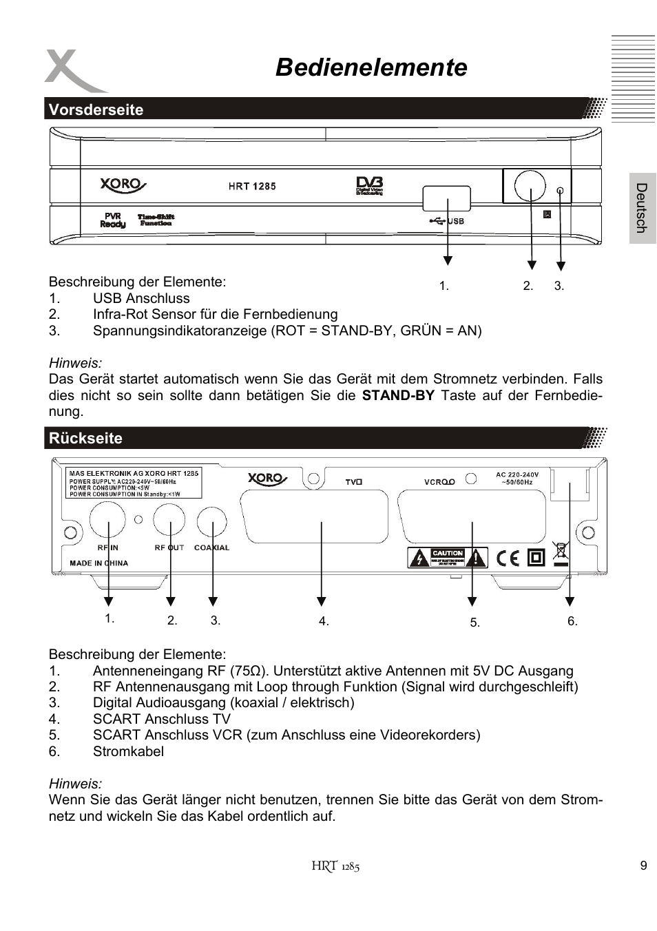 Bedienelemente | Xoro HRT 1285 User Manual | Page 9 / 134