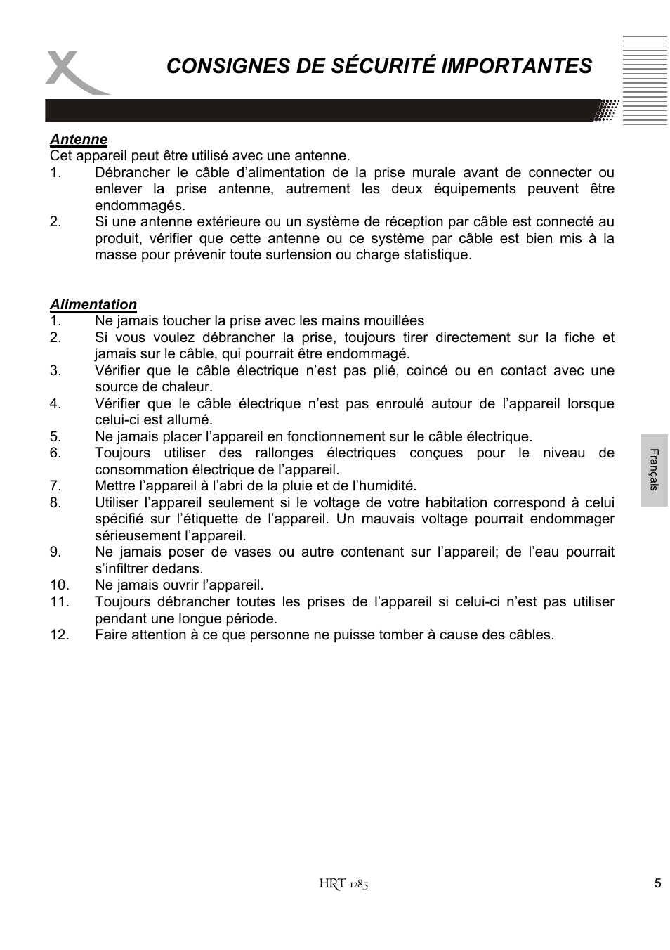 Consignes de sécurité importantes | Xoro HRT 1285 User Manual | Page 91 / 134
