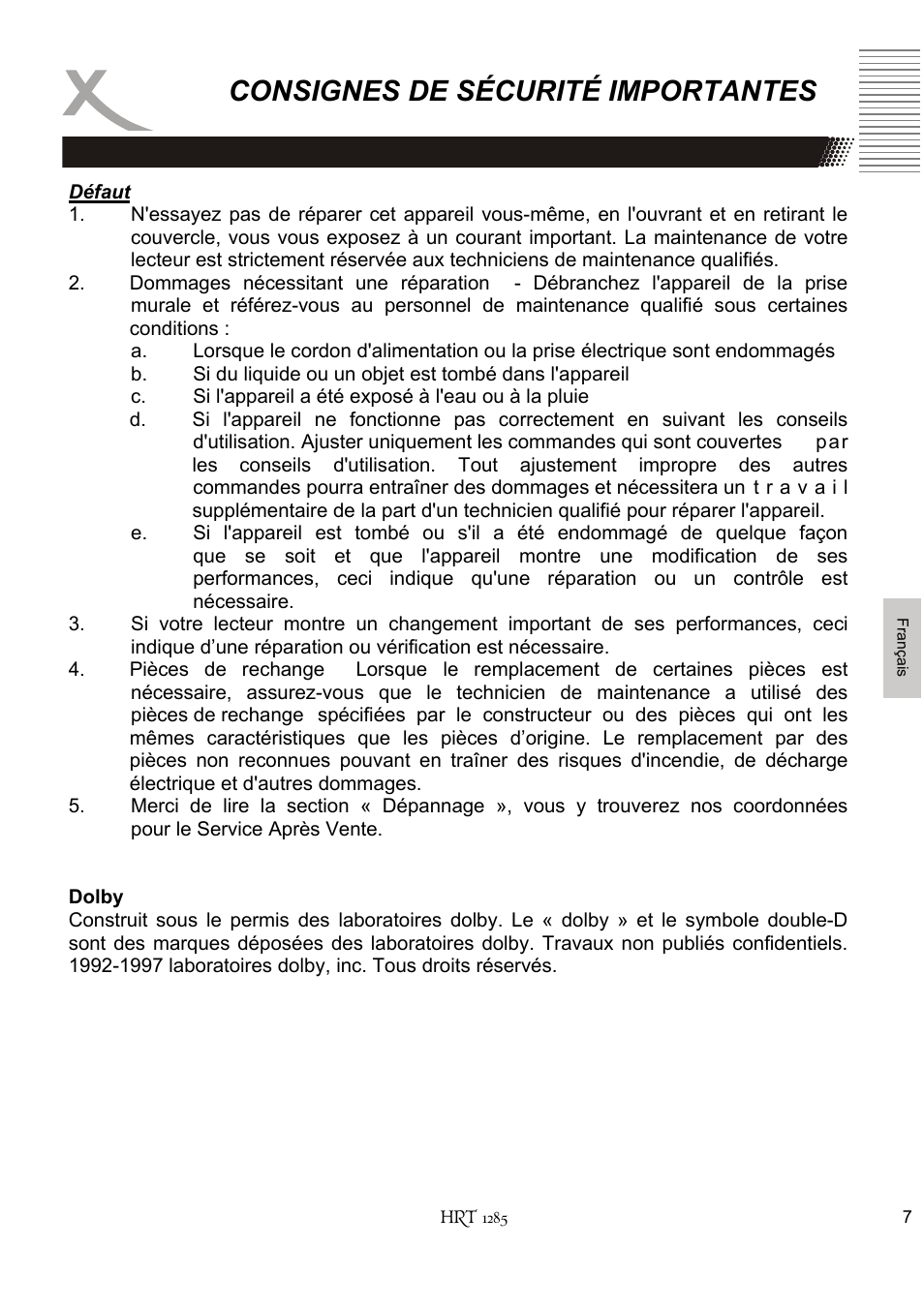 Consignes de sécurité importantes | Xoro HRT 1285 User Manual | Page 93 / 134