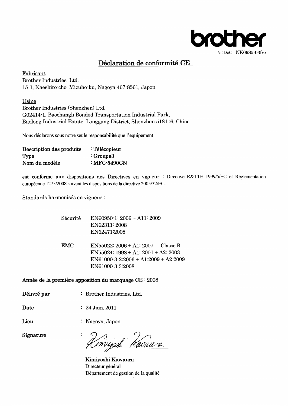 Déclaration de conformité ce, Brother | Brother MFC-5490CN User Manual | Page 2 / 6