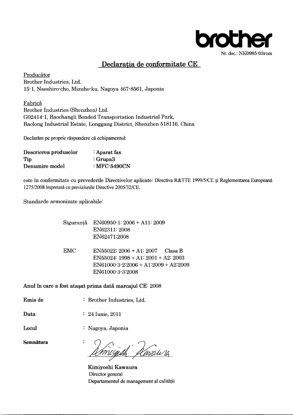 Declaratia de conformitate ce, Semnatura, Brother | Brother MFC-5490CN User Manual | Page 6 / 6