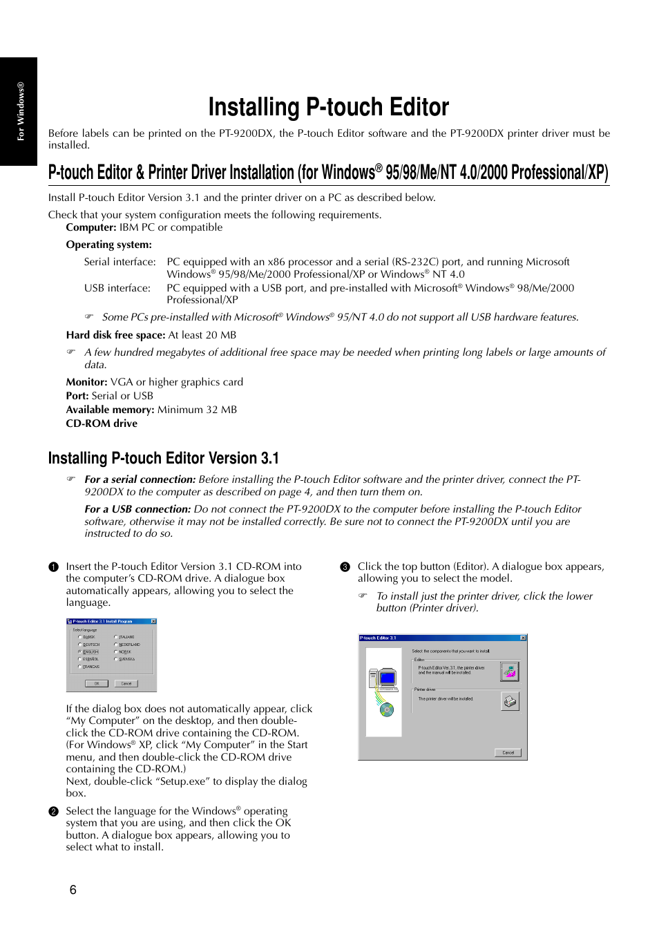 Installing p-touch editor, Installing p-touch editor version 3.1 | Brother PT-9200DX User Manual | Page 10 / 156