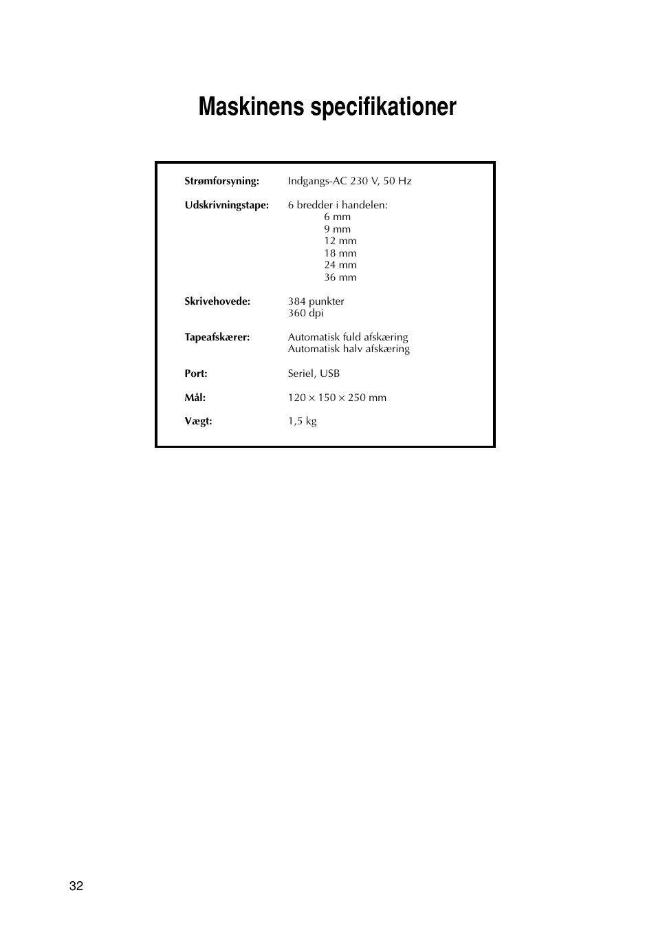 Maskinens specifikationer | Brother PT-9200DX User Manual | Page 112 / 156