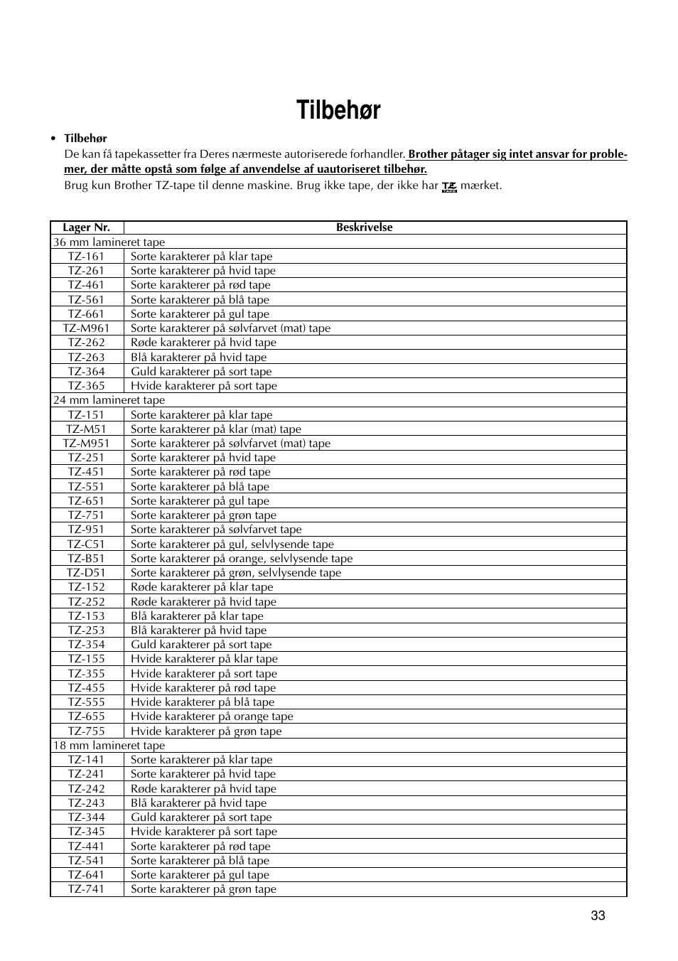 Tilbehør | Brother PT-9200DX User Manual | Page 113 / 156