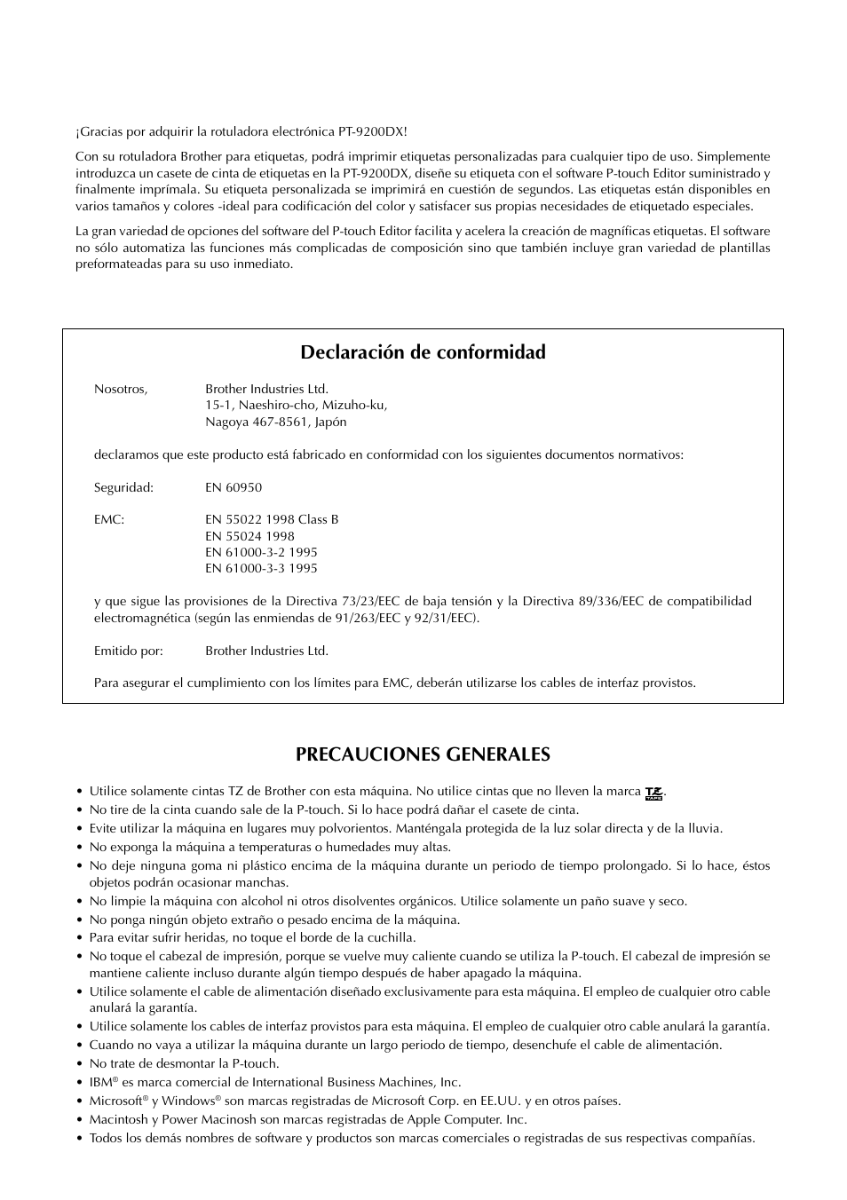 Declaración de conformidad, Precauciones generales | Brother PT-9200DX User Manual | Page 118 / 156