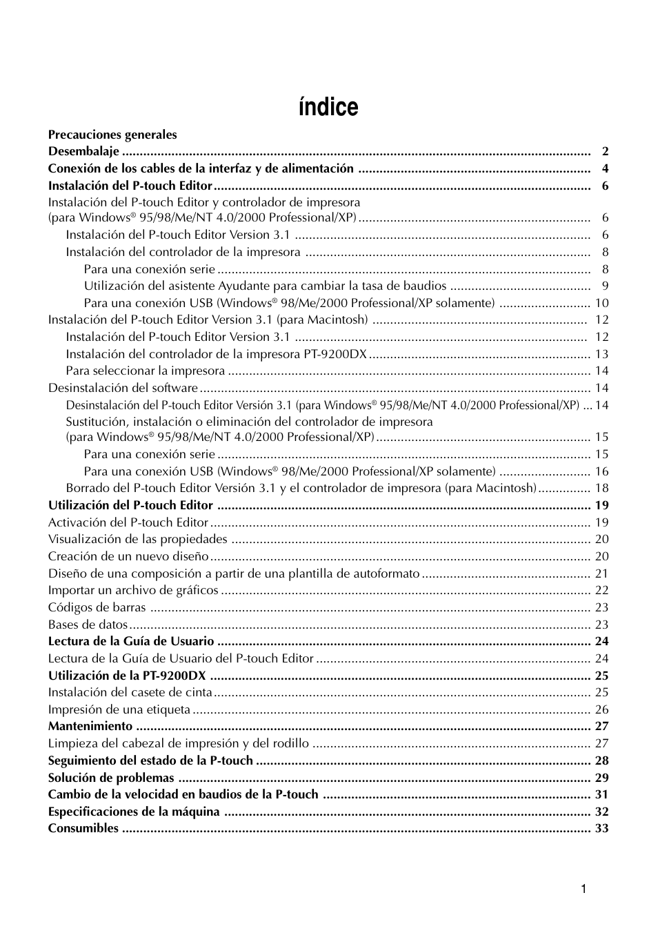 Índice | Brother PT-9200DX User Manual | Page 119 / 156