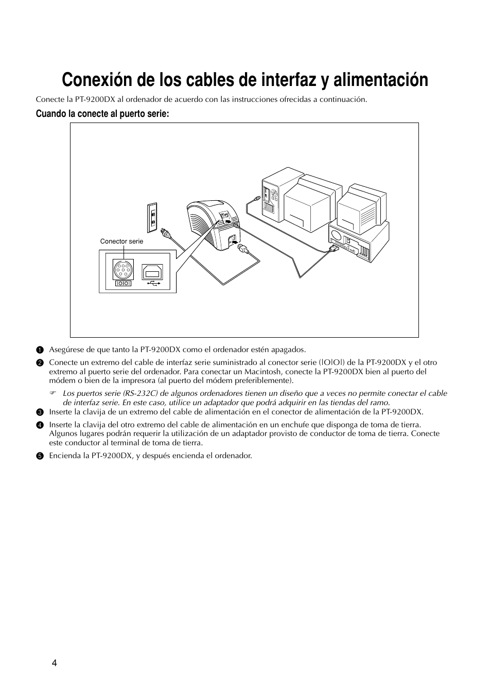 Conexión de los cables de interfaz y alimentación | Brother PT-9200DX User Manual | Page 122 / 156
