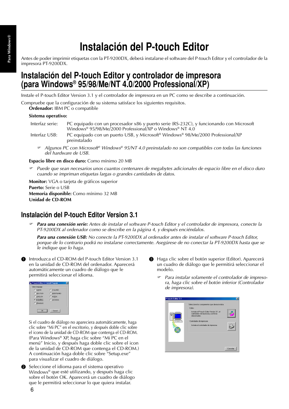 Instalación del p-touch editor, Instalación del p-touch editor version 3.1 | Brother PT-9200DX User Manual | Page 124 / 156