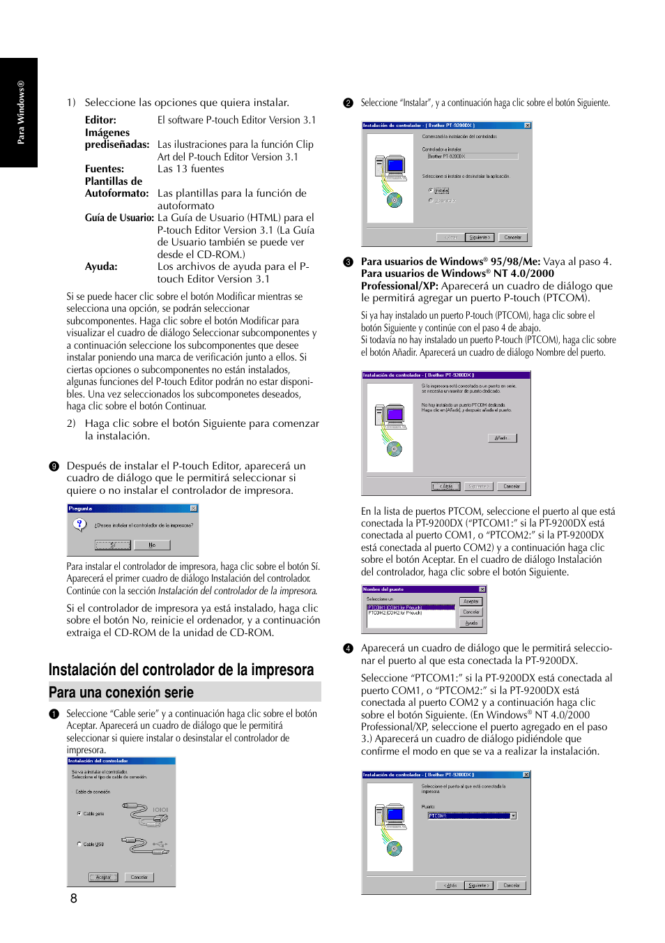 Instalación del controlador de la impresora, Para una conexión serie | Brother PT-9200DX User Manual | Page 126 / 156