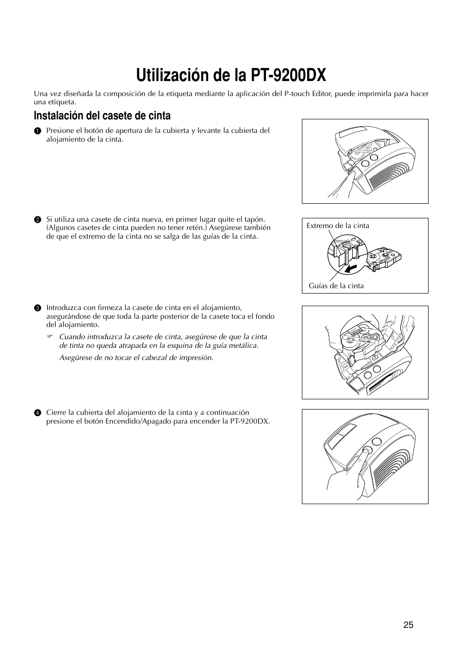 Utilización de la pt-9200dx, Instalación del casete de cinta | Brother PT-9200DX User Manual | Page 143 / 156