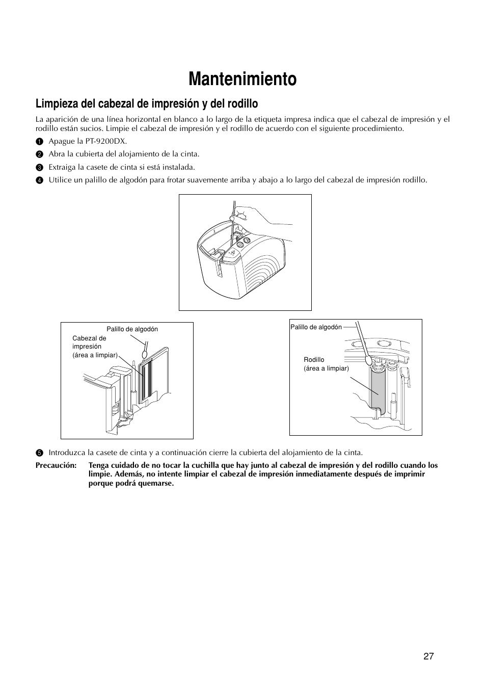 Mantenimiento, Limpieza del cabezal de impresión y del rodillo | Brother PT-9200DX User Manual | Page 145 / 156