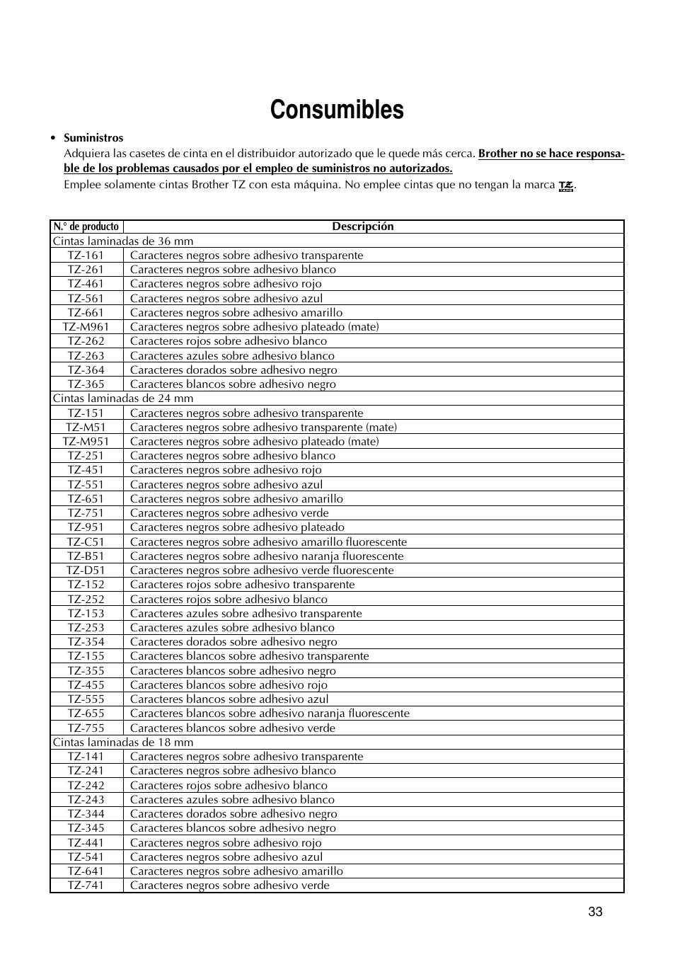 Consumibles | Brother PT-9200DX User Manual | Page 151 / 156