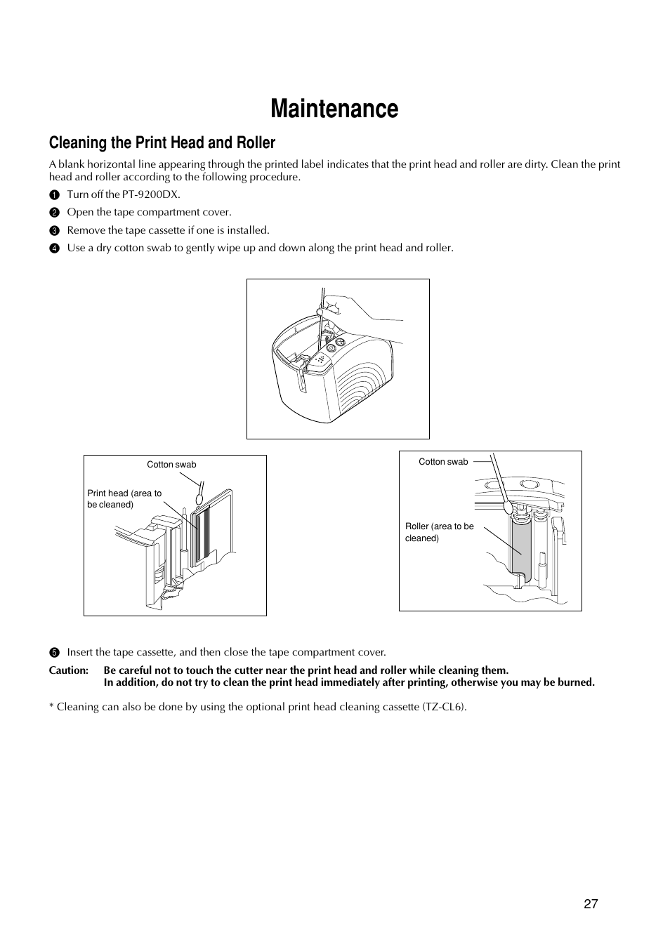 Maintenance, Cleaning the print head and roller | Brother PT-9200DX User Manual | Page 31 / 156
