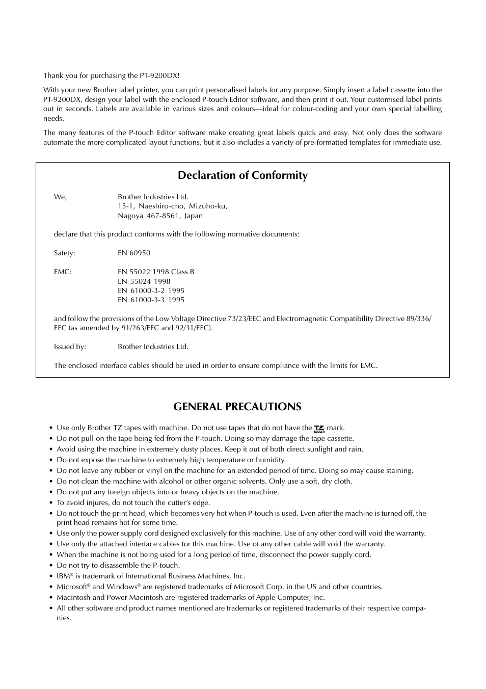 Declaration of conformity, General precautions | Brother PT-9200DX User Manual | Page 4 / 156