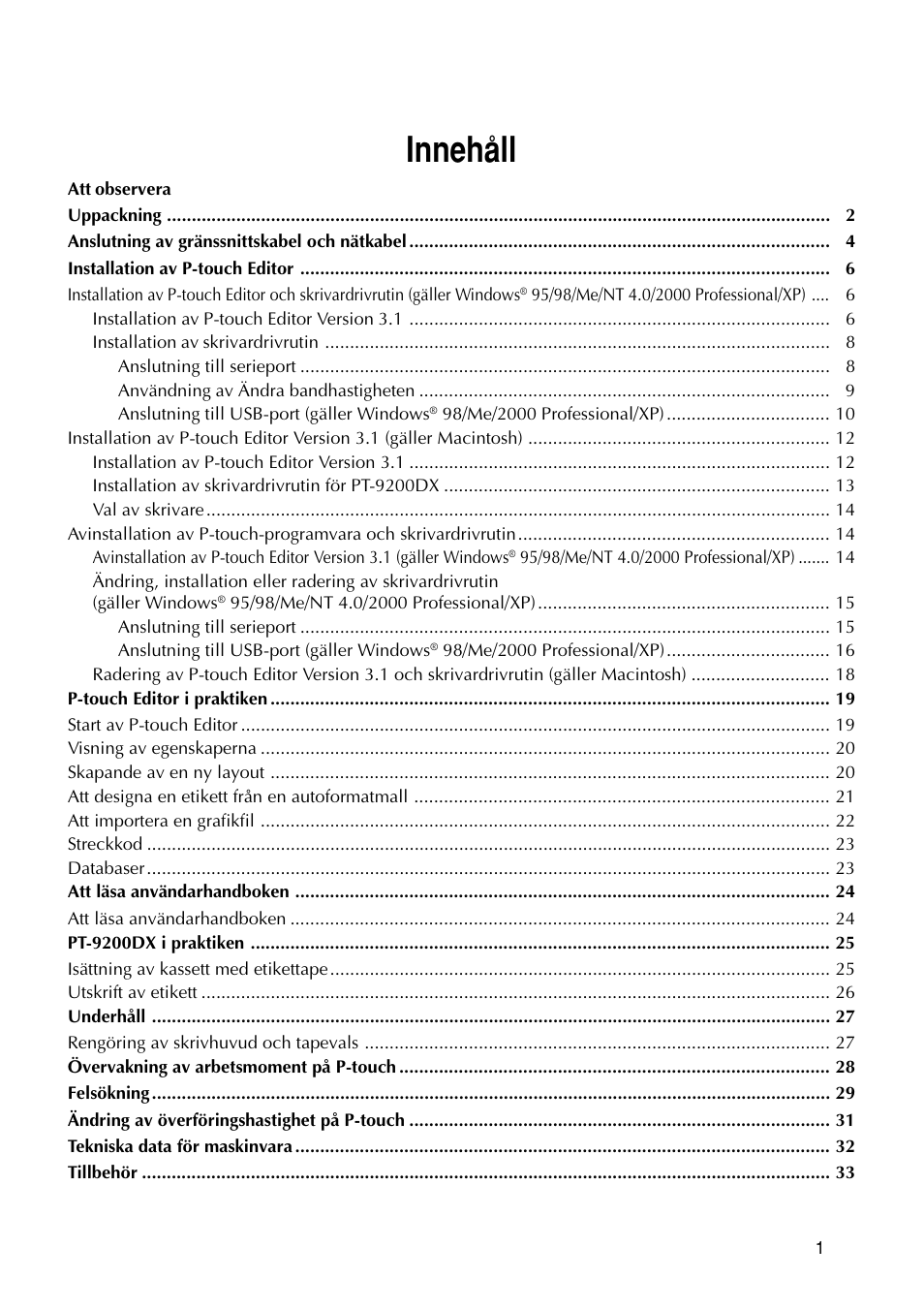 Innehåll | Brother PT-9200DX User Manual | Page 43 / 156