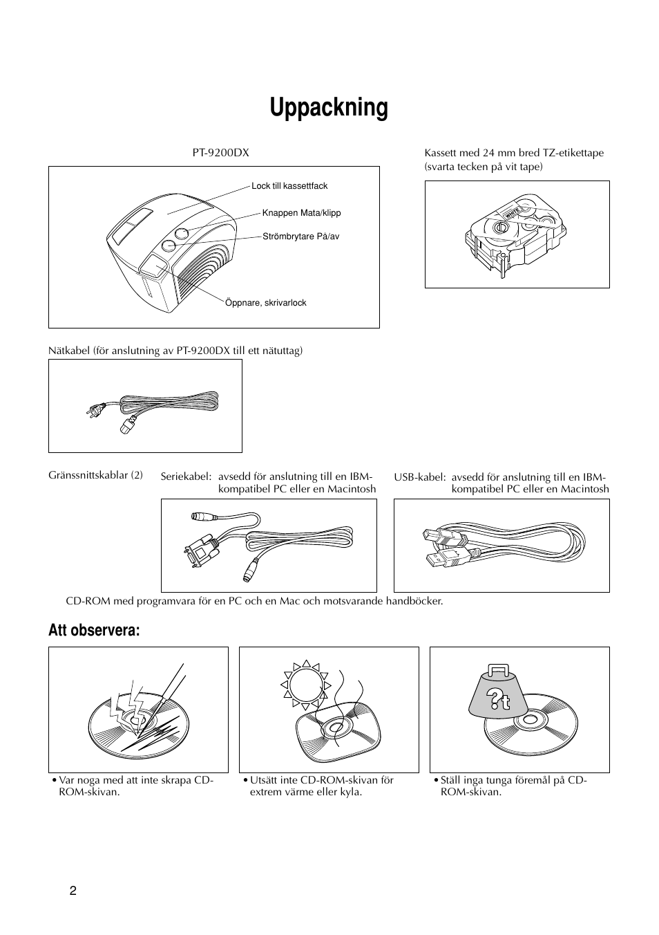 Uppackning, Att observera | Brother PT-9200DX User Manual | Page 44 / 156