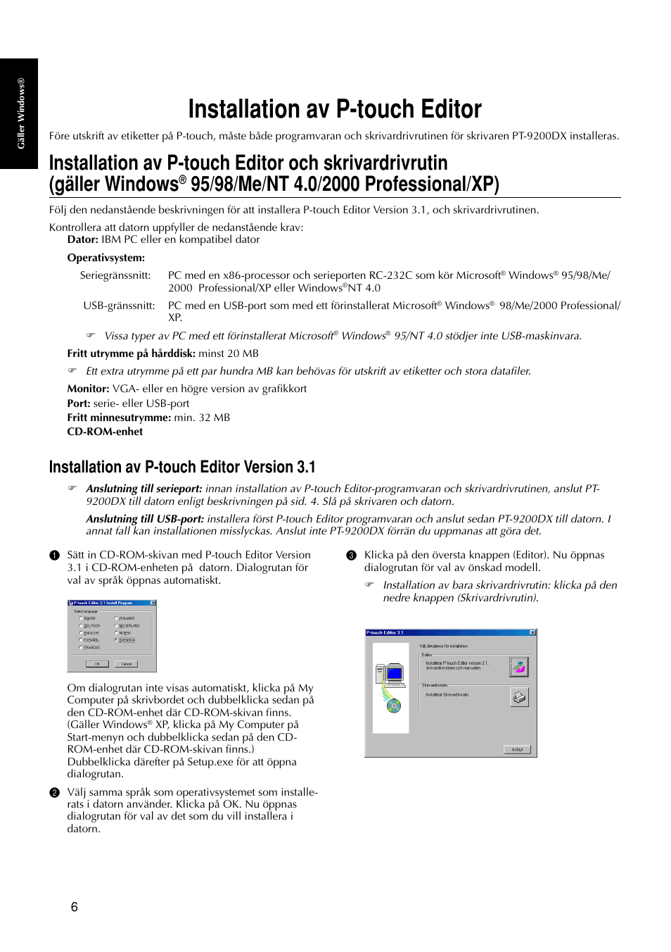 Installation av p-touch editor, Installation av p-touch editor version 3.1 | Brother PT-9200DX User Manual | Page 48 / 156